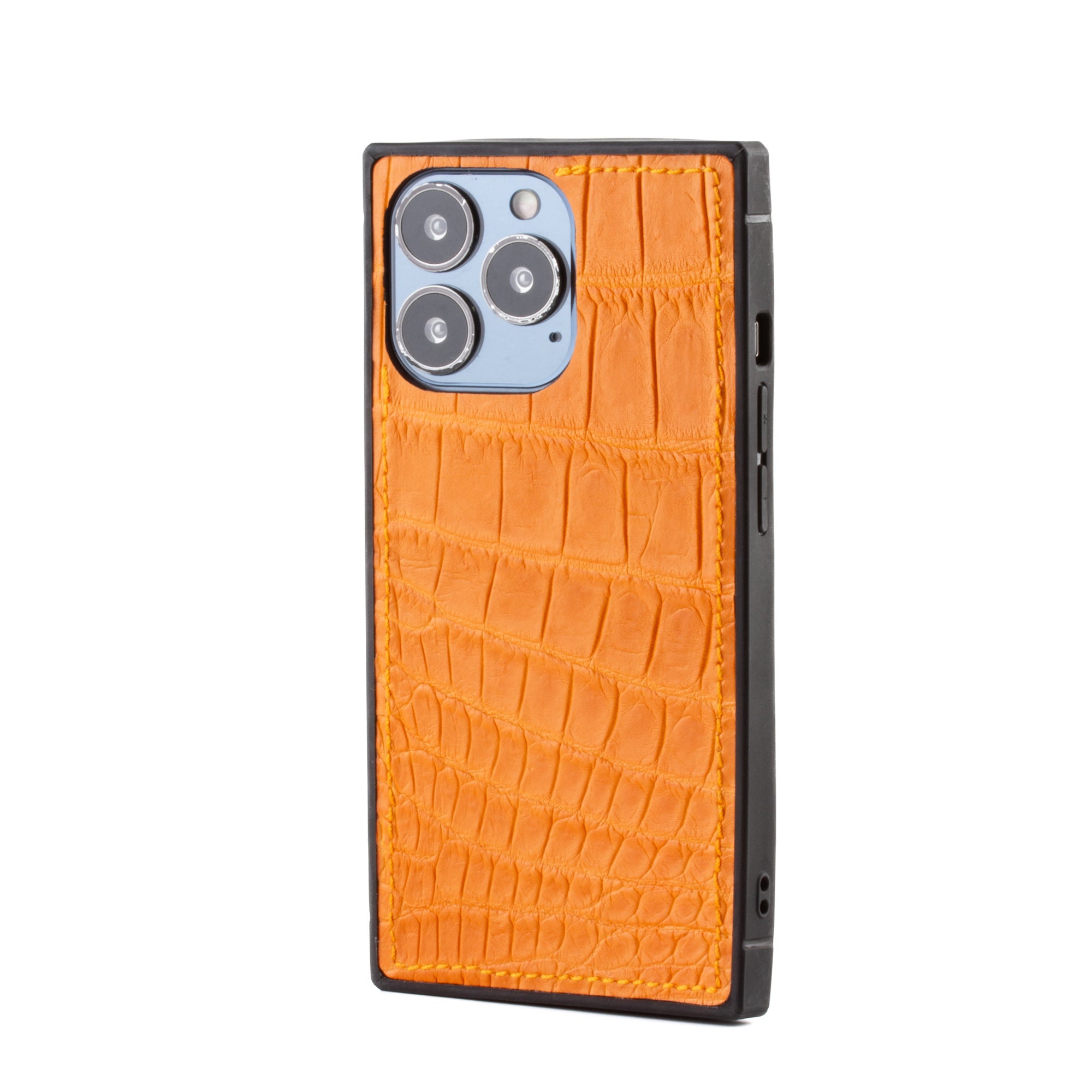 Clearance Sale - Leather iPhone "Square Case" - iPhone 13 Pro - Orange alligator