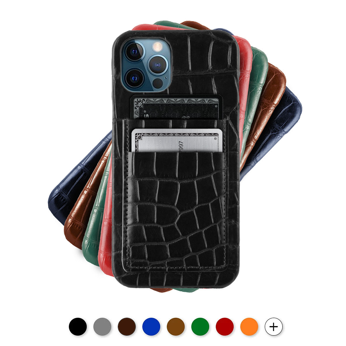 Leather iPhone " Double card case " / cover with credit card Pocket - iPhone 12 & 11 ( Pro / Max / Mini )  - Genuine alligator