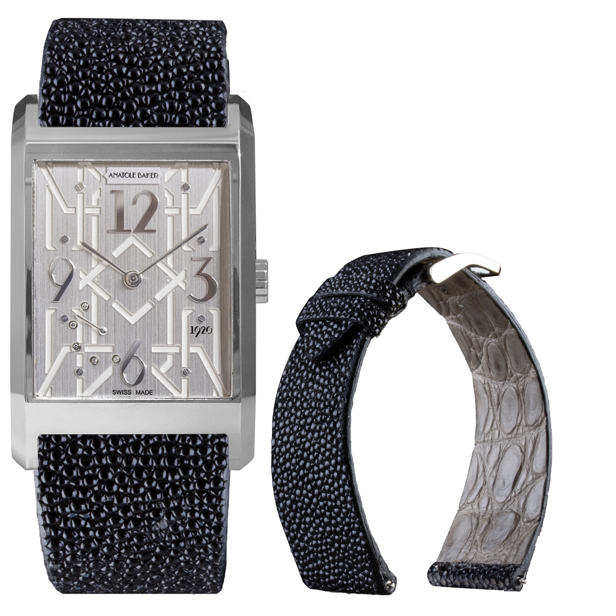 ANATOLE BAKER 1920 watch - Dandy white diamonds - Black raw stingray strap