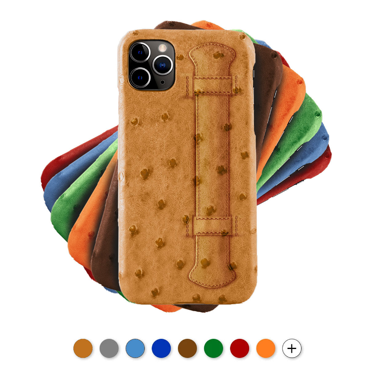 Leather iPhone " Strap case " with handle - iPhone 12 & 11 ( Pro / Max / Mini ) - Ostrich leather , brown , orange , blue , grey...