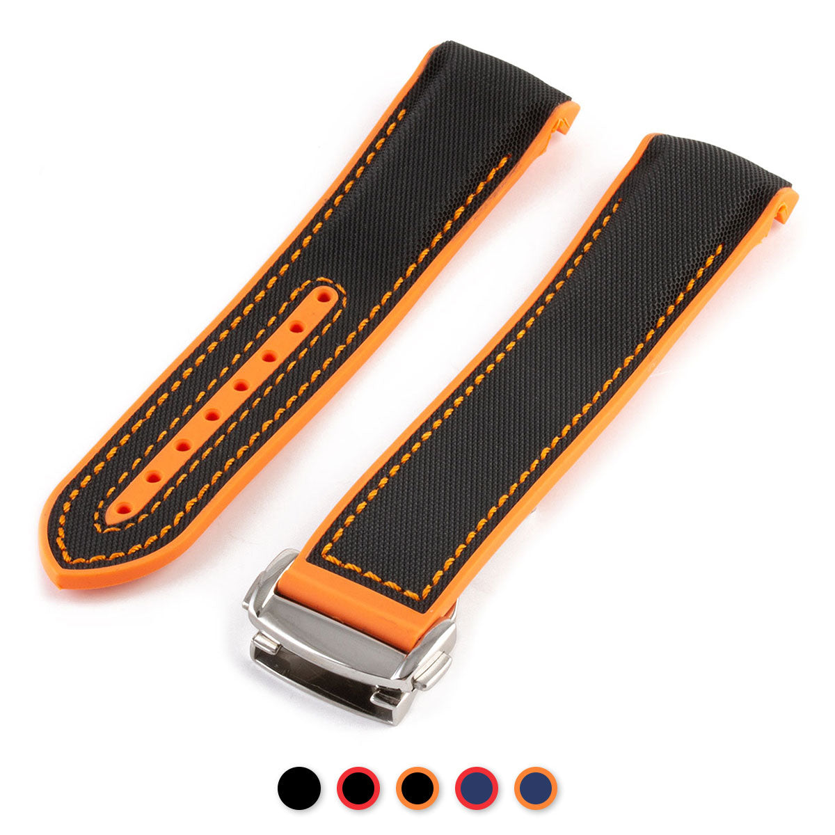 Omega Speedmaster / Seamaster - Integrated rubber watch band - Stitched with cordura effect (black, blue, red, orange)