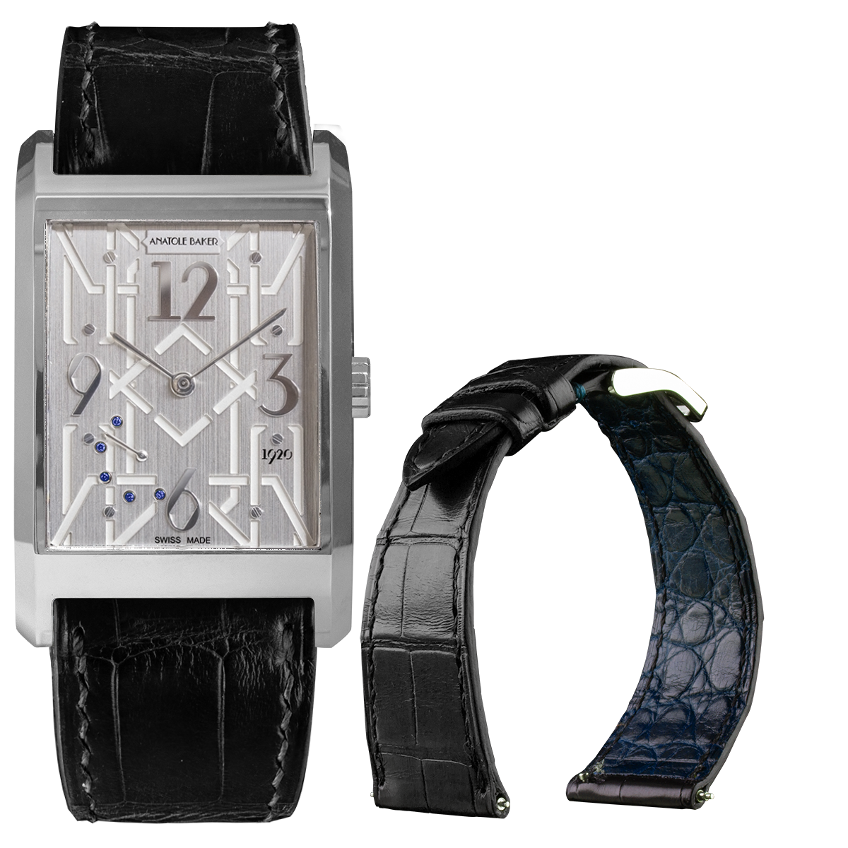 ANATOLE BAKER 1920 watch - Dandy blue sapphires - Black alligator strap with blue lining