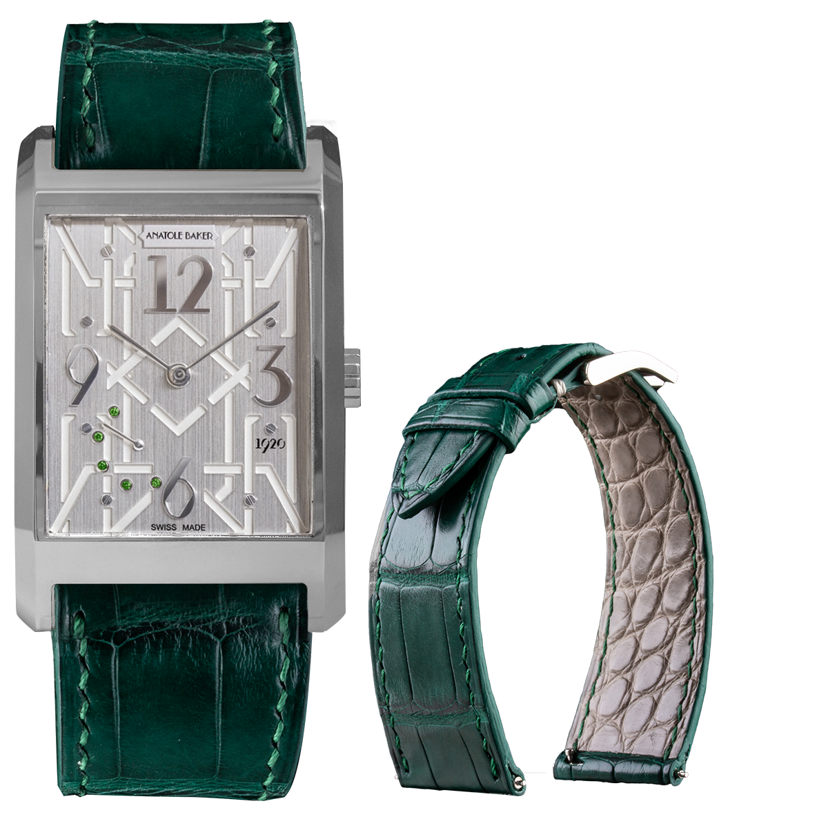 ANATOLE BAKER 1920 watch - Dandy green tsavorites - Green alligator strap 