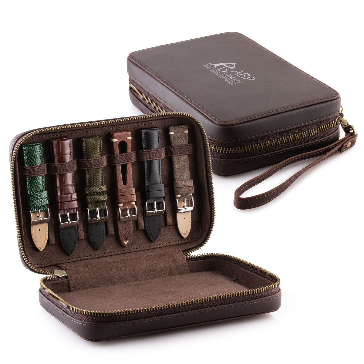 Leather straps box - 12 watch straps calf storage case - Brown