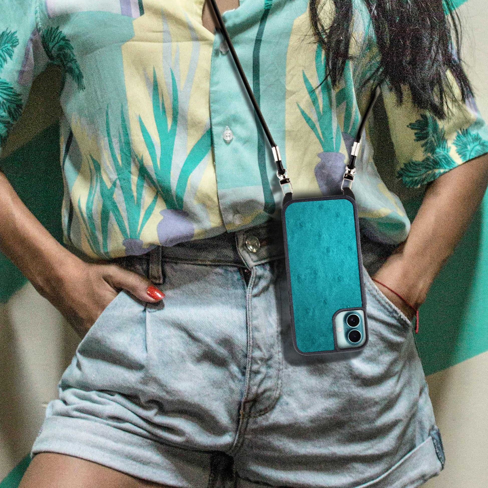 Coque "Crossbody" cuir pour iPhone 16 ( Tous modèles ) - Autruche