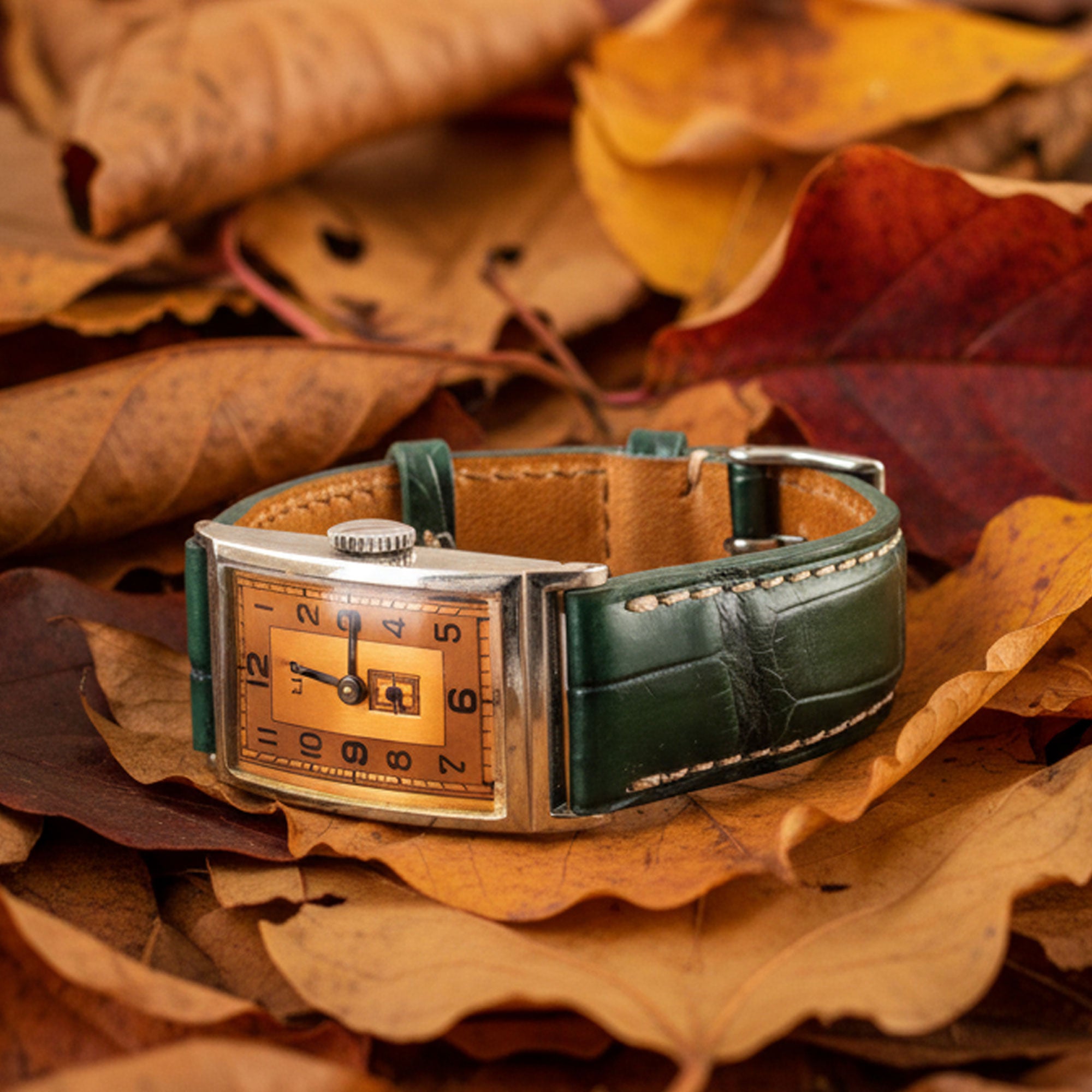 Bracelet cuir classique "Onirique" - Emeraude Sépia - Alligator vert