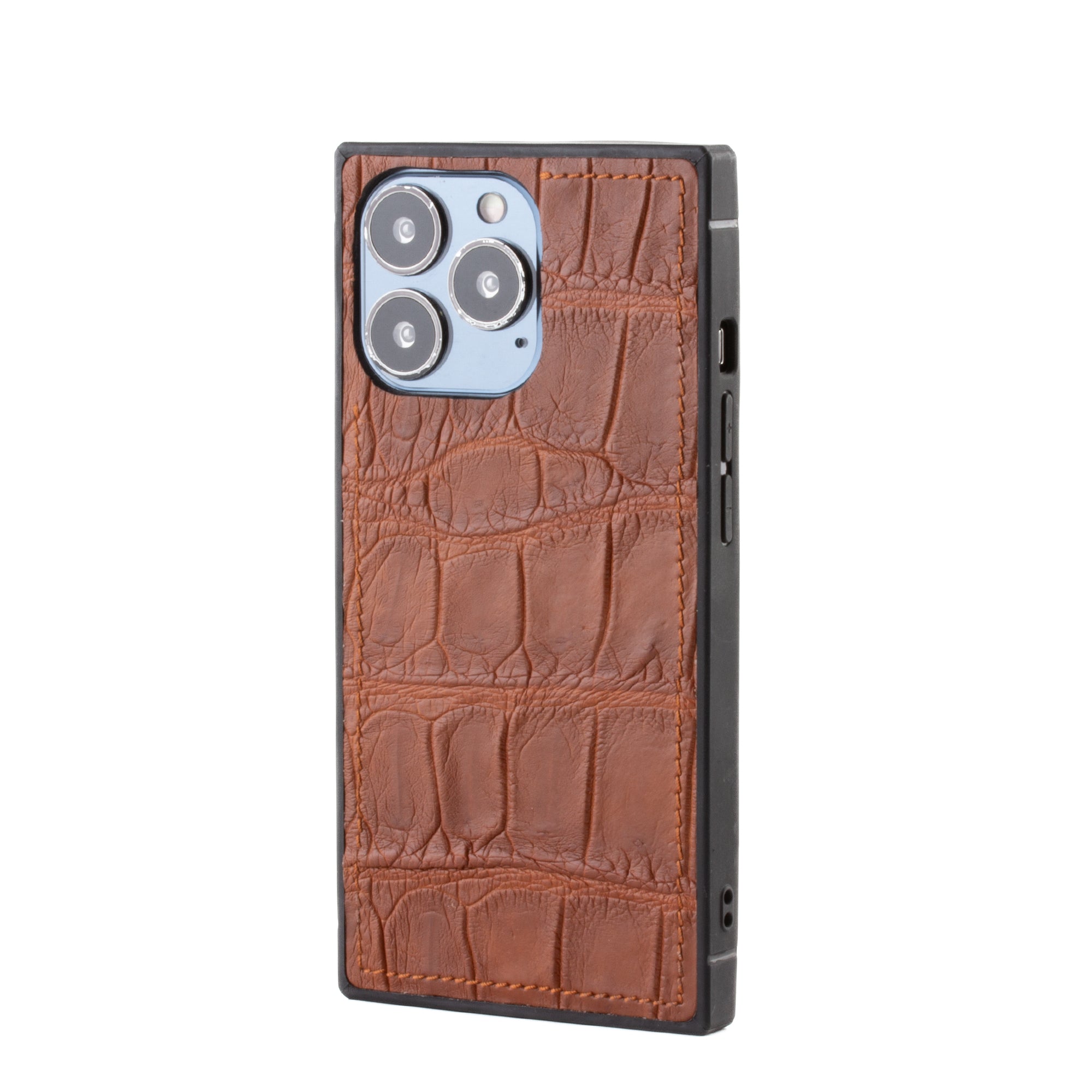 Vente exclusive - Coque "Square case" cuir pour iPhone 13 Pro - Alligator marron 1