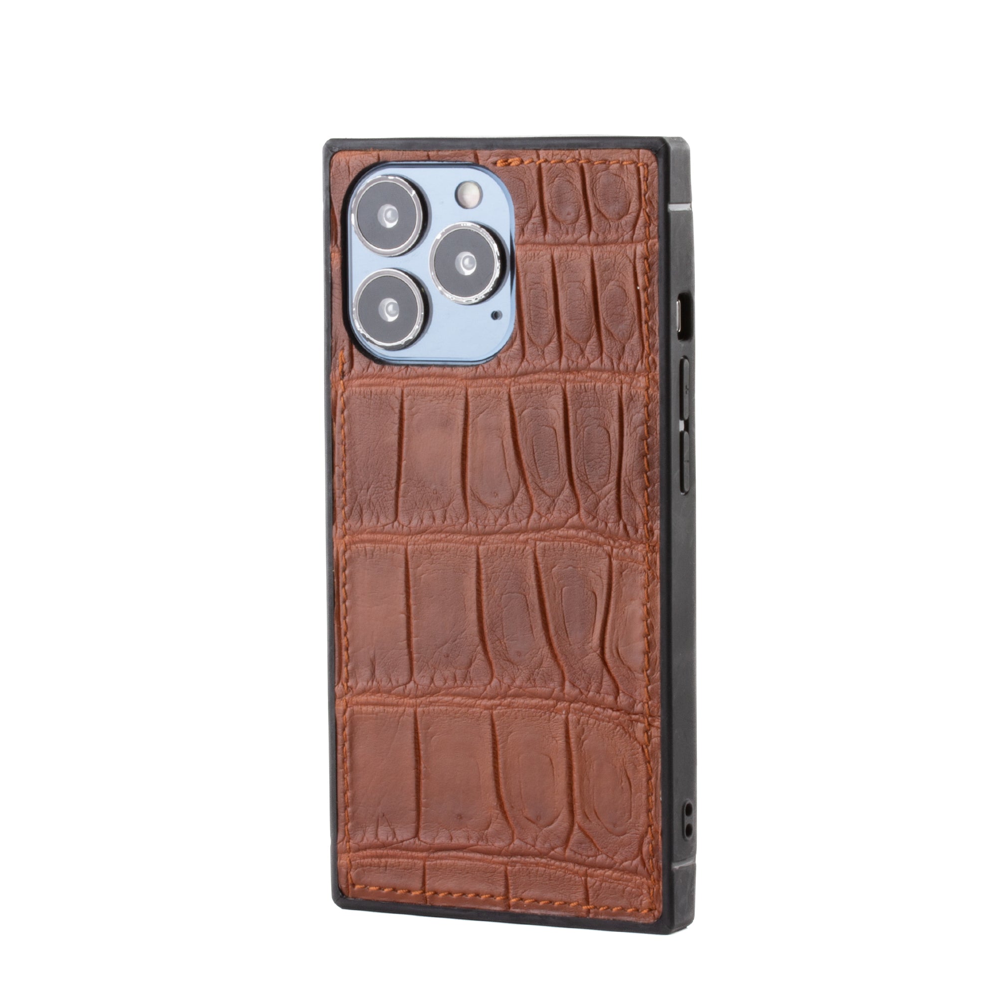 Vente exclusive - Coque "Square case" cuir pour iPhone 13 Pro - Alligator marron 2