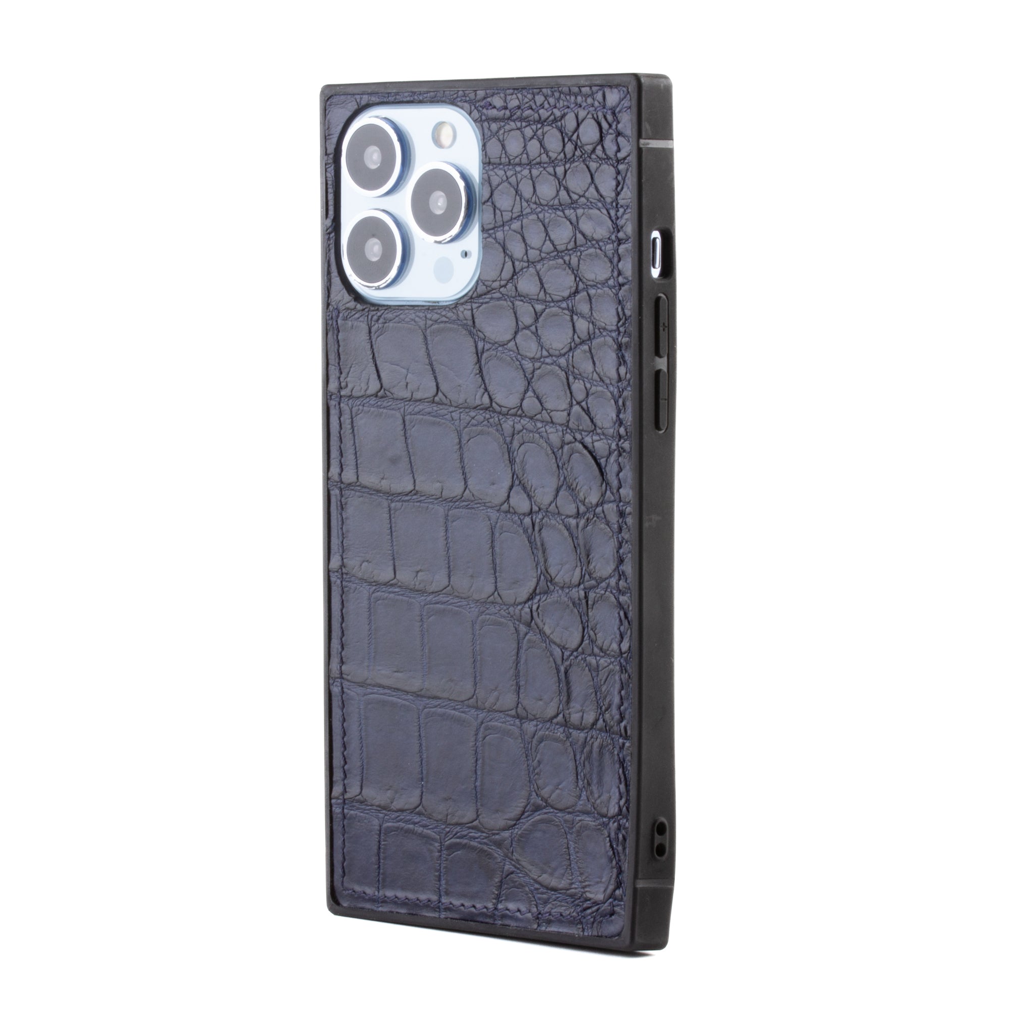 Vente exclusive - Coque "Square case" cuir pour iPhone 13 Pro Max - Alligator Bleu Marine