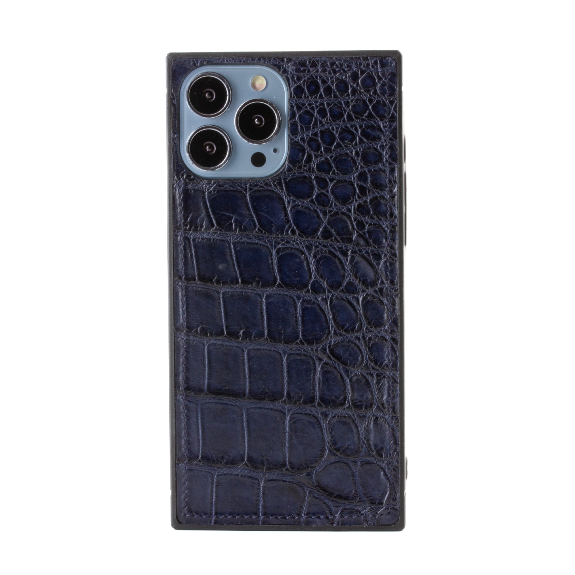 Vente exclusive - Coque "Square case" cuir pour iPhone 13 Pro Max - Alligator Bleu Marine