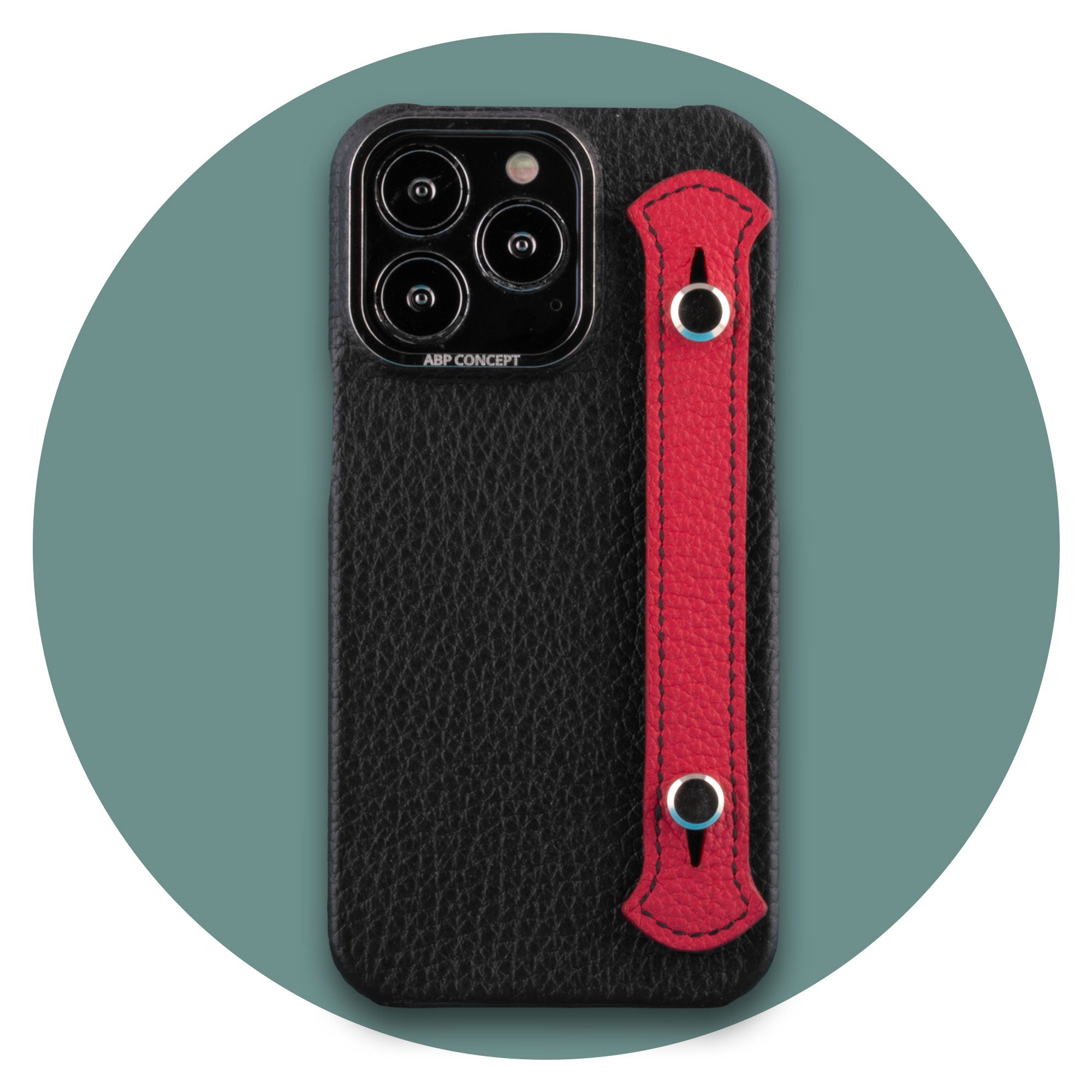 Vente exclusive - Coque cuir "strap case" pour iPhone 13 Pro - Buffle noir / Strap rouge
