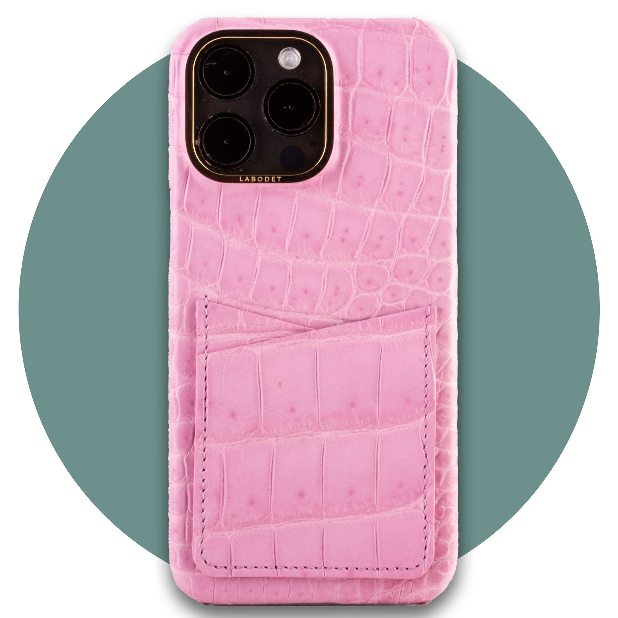 Clearance Sale - Leather iPhone Double card case - iPhone 15 Pro Max - Pink alligator