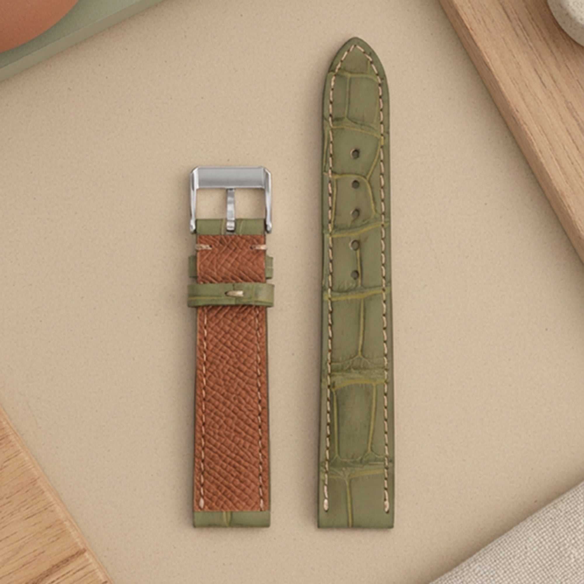 Bracelet cuir classique "Onirique" - Alligator nubuck vert