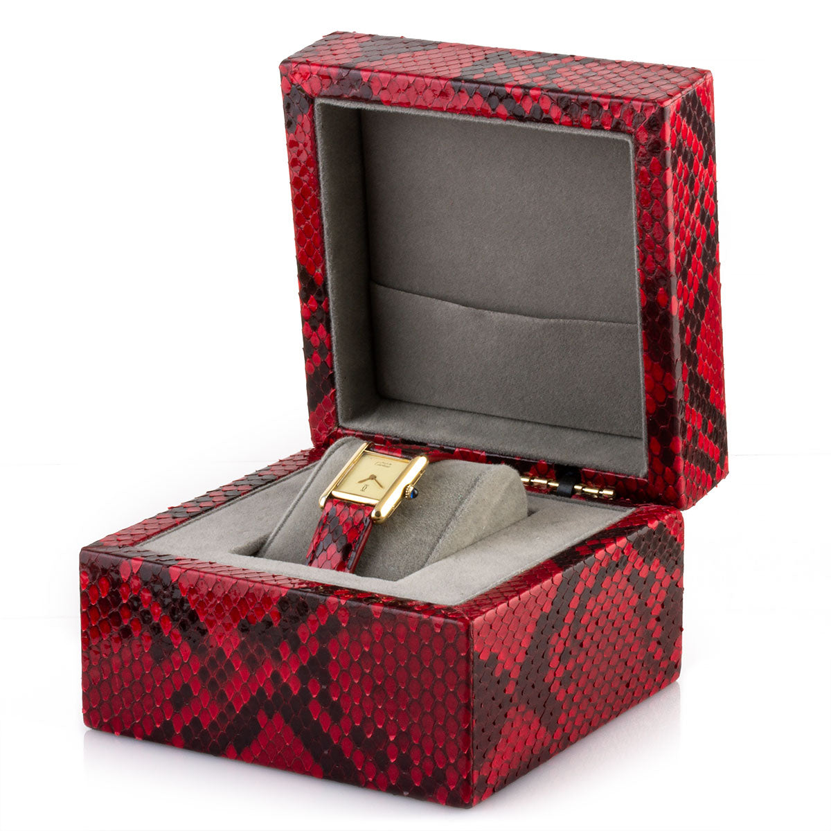 Leather watch box - Watch case for 1 watch - Red / black python