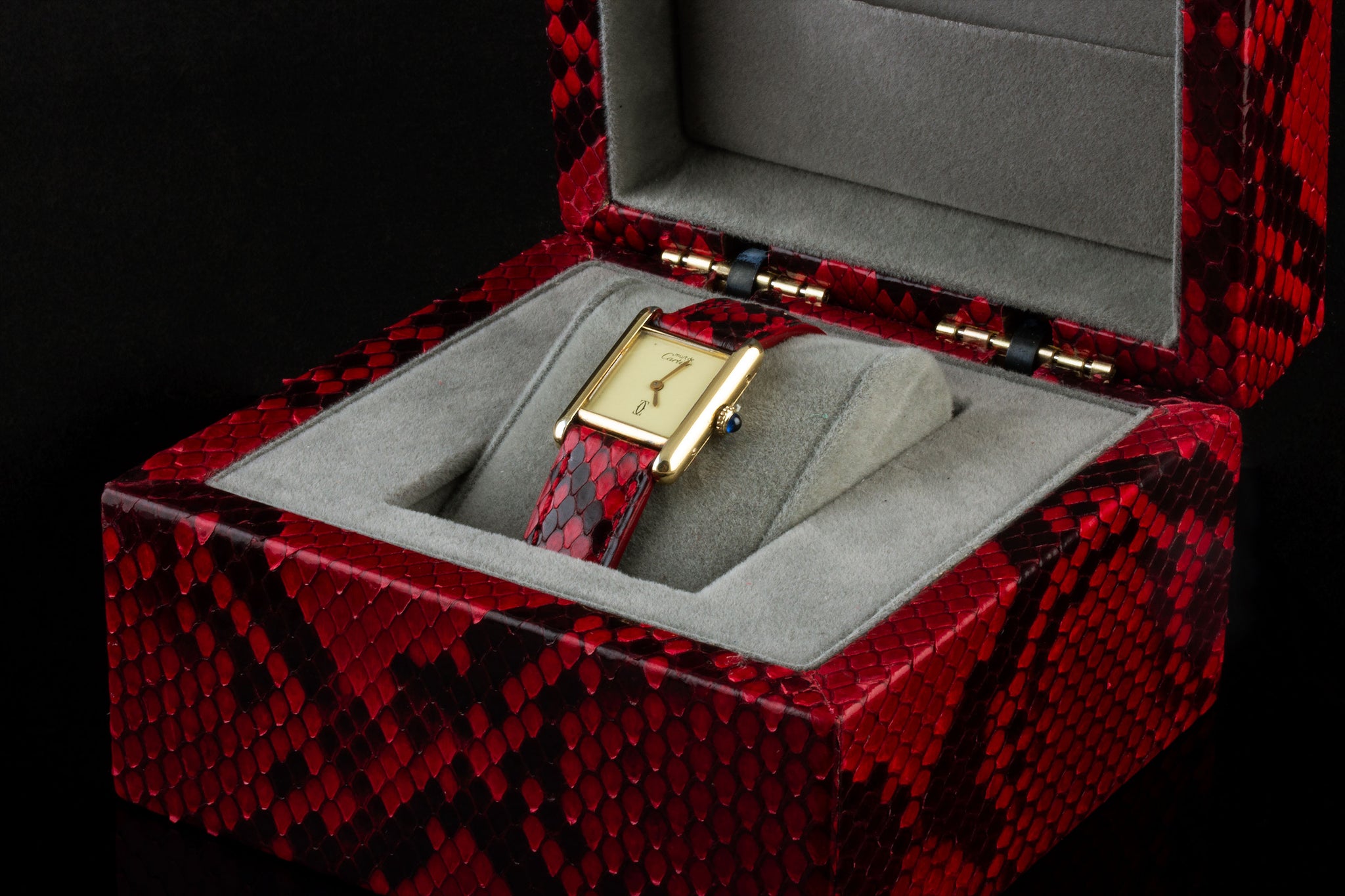 Cartier Tank Must - "Valentine" leather watch strap - Red and black python