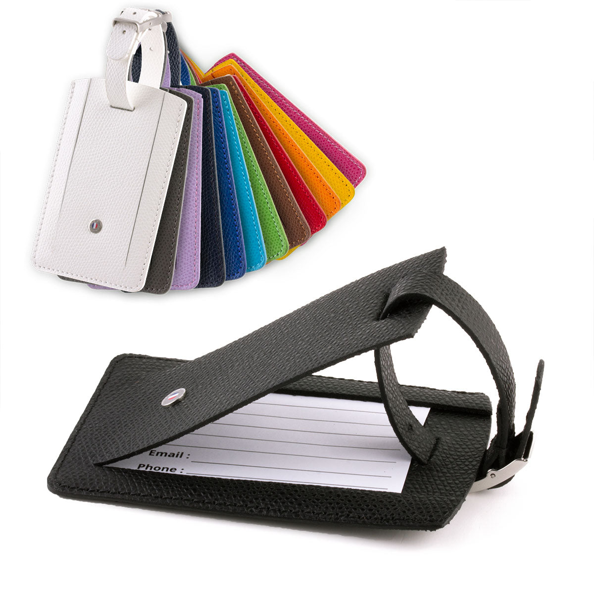 Leather luggage Tag "Essential" - Grained calf (black, blue, green, brown, orange...)