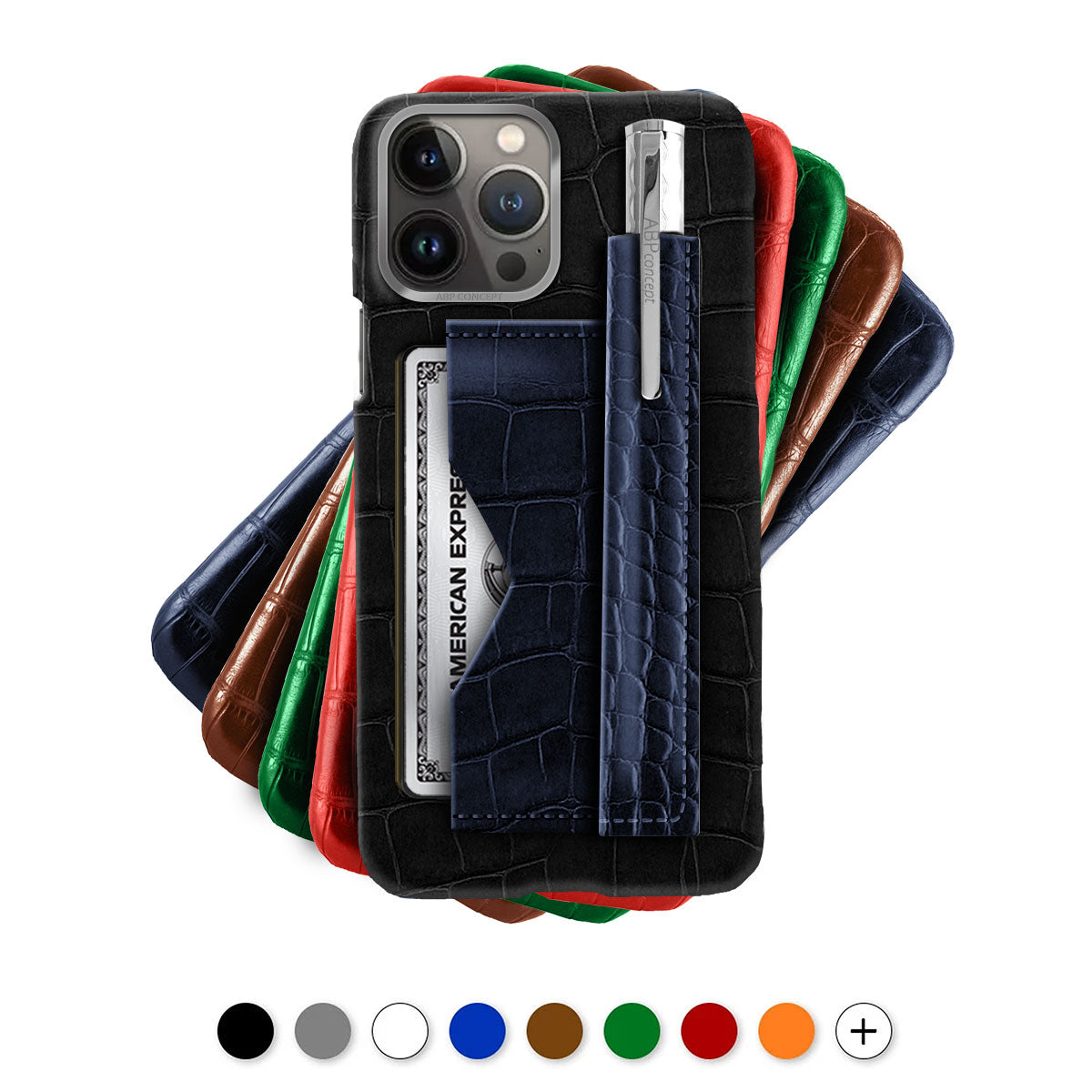 Leather iPhone "Business case" / cover with credit card pocket and ball pen - iPhone 15, 14 & 13 Pro Max - Genuine alligator