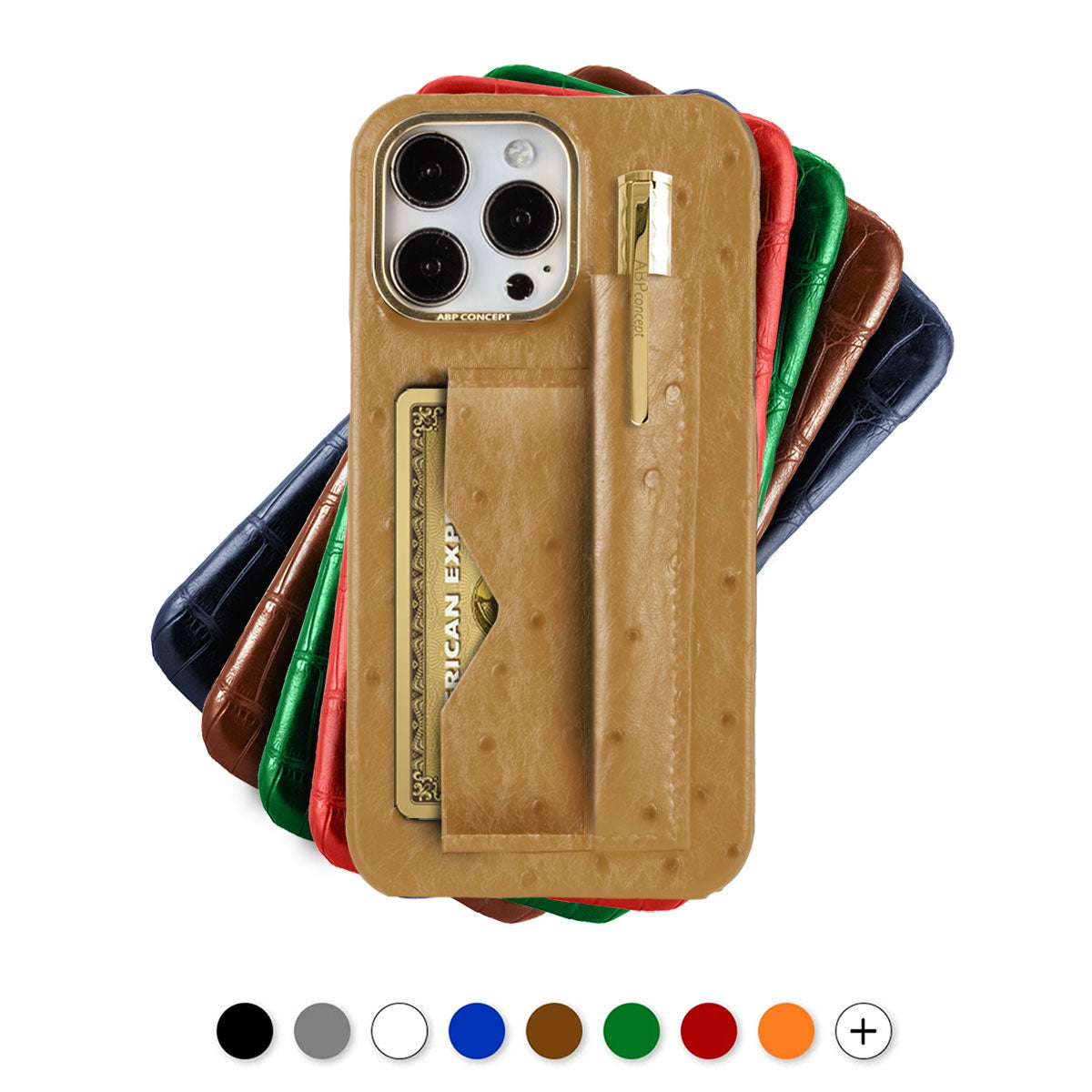 Leather iPhone "Business case" / cover with credit card pocket and ball pen - iPhone 15, 14 & 13 Pro Max - Genuine ostrich