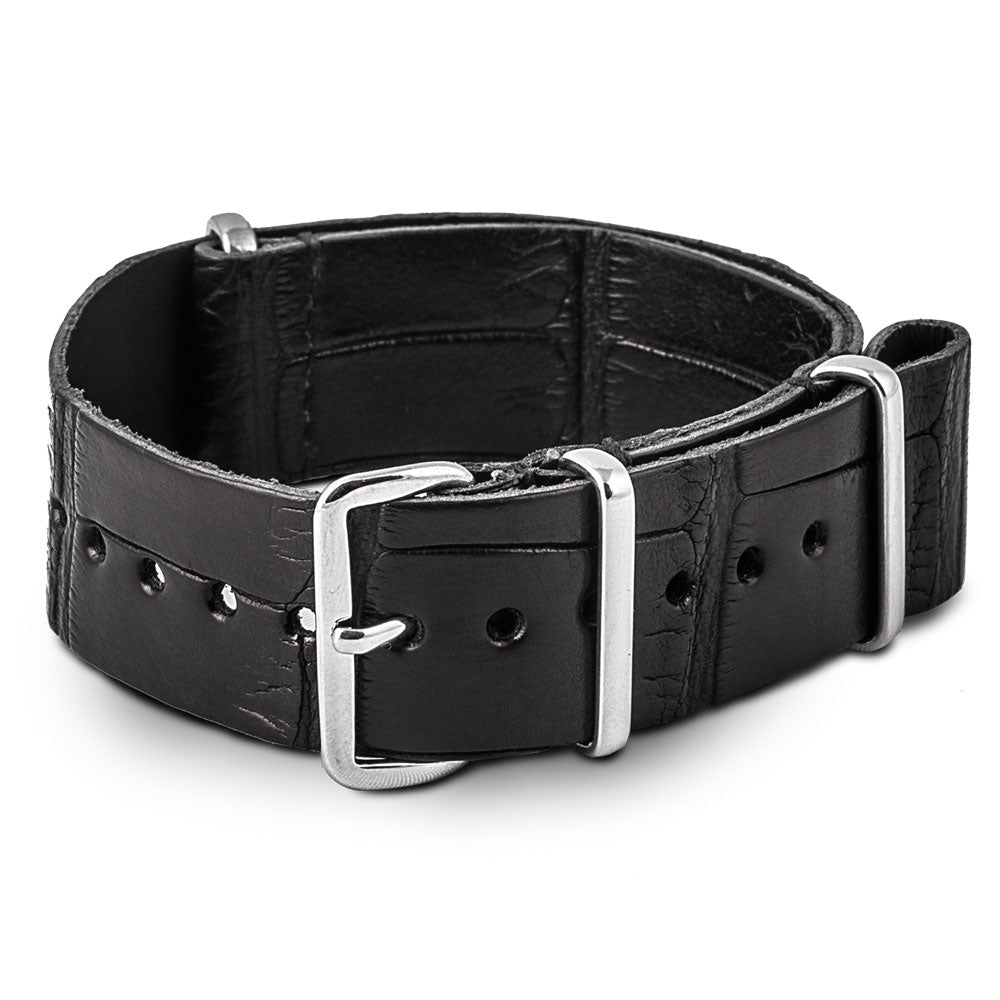 Bracelet montre Nato cuir - Alligator noir - watch band leather strap - ABP Concept -