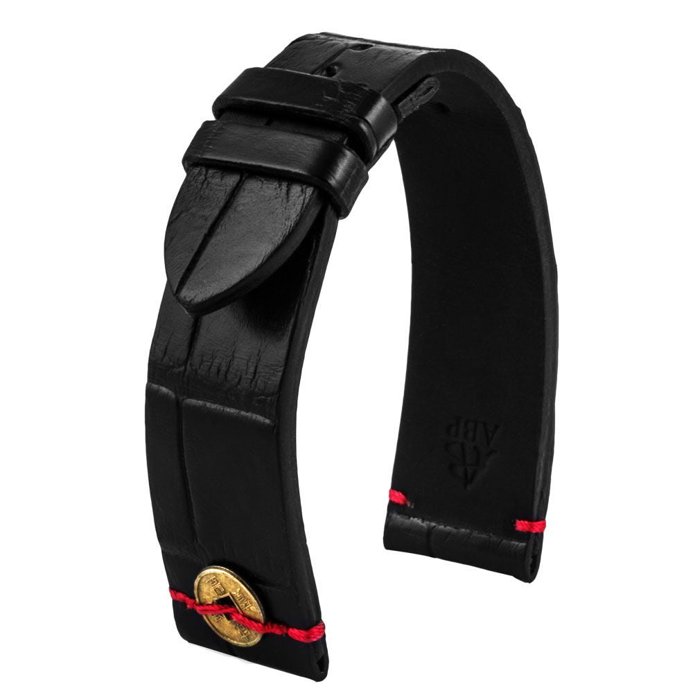 Leather watch band - Chinese Lucky Coin - Black alligator