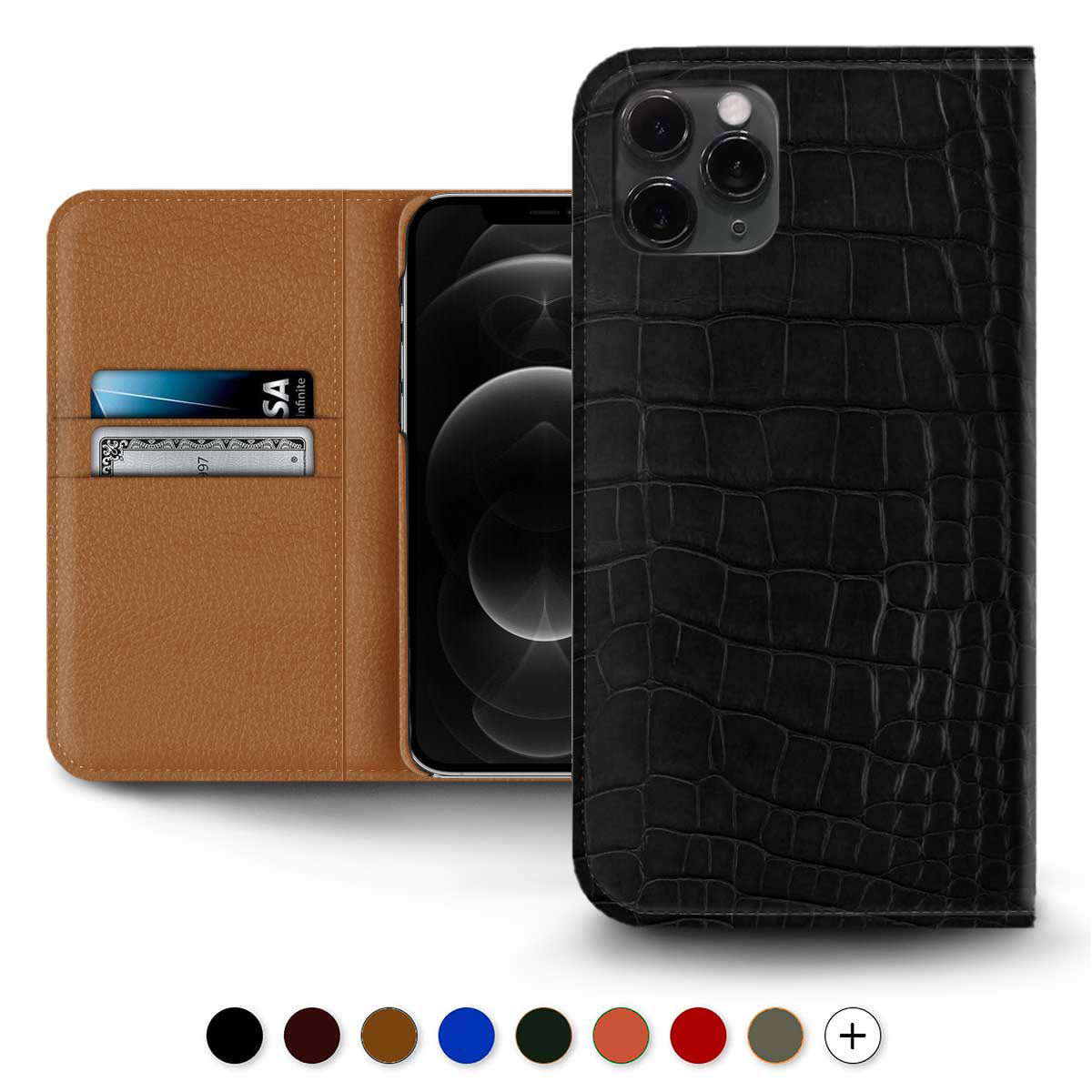 iPhone leather wallet sleeve / folio case - iPhone 12 & 11 ( Pro / Max / Mini ) - Genuine alligator ( Black, grey, brown, orange...)