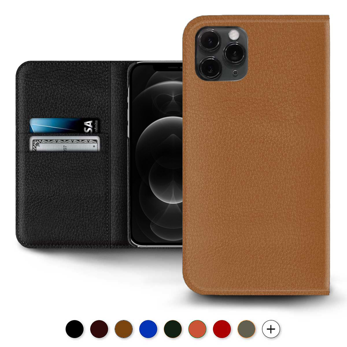 iPhone leather wallet sleeve / folio case - iPhone 12 & 11 ( Pro / Max / Mini ) - Buffalo leather ( Black, brown, blue, orange...)