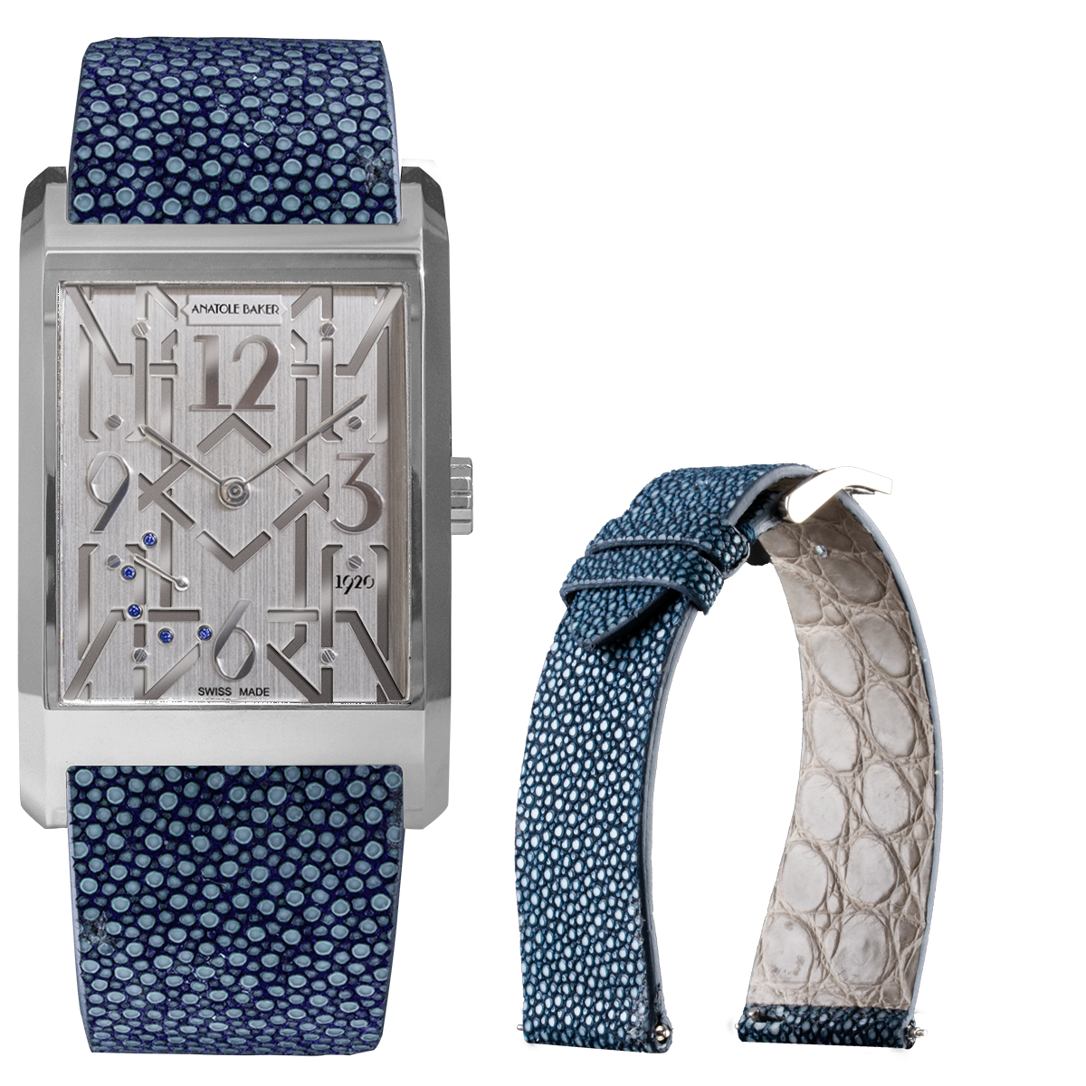 Bracelet montre cuir - Anatole Baker - Galuchat bleu