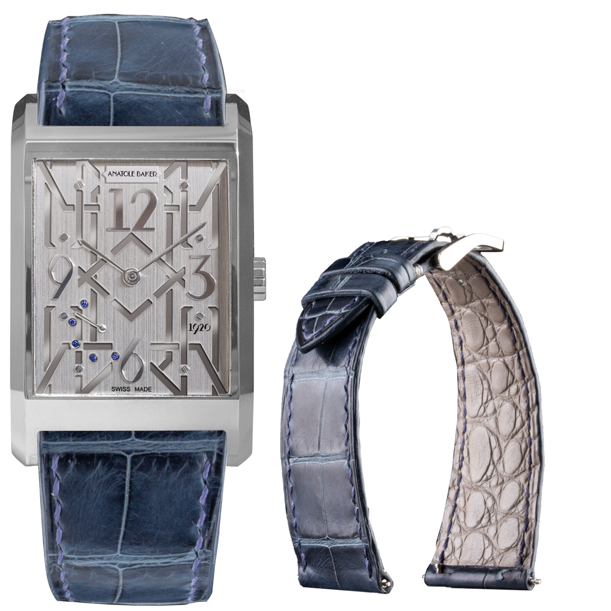 Bracelet montre cuir - Anatole Baker - Alligator waxé bleu