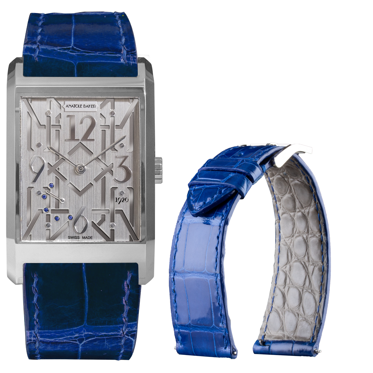 Bracelet montre cuir - Anatole Baker - Alligator brillant bleu