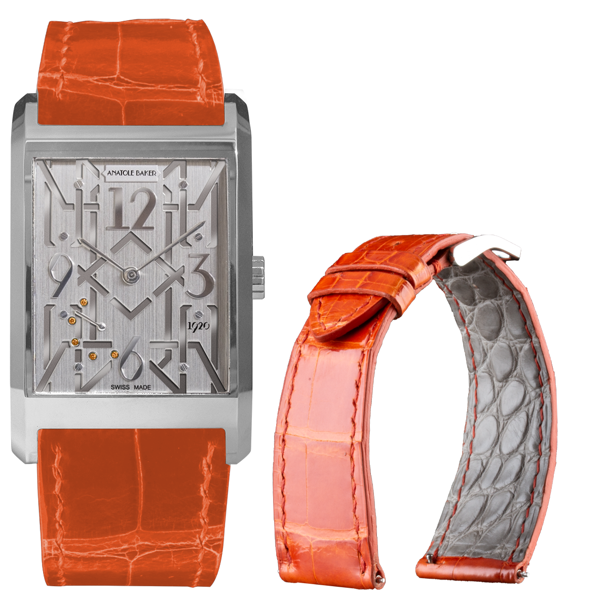 Bracelet montre cuir - Anatole Baker - Alligator brillant orange