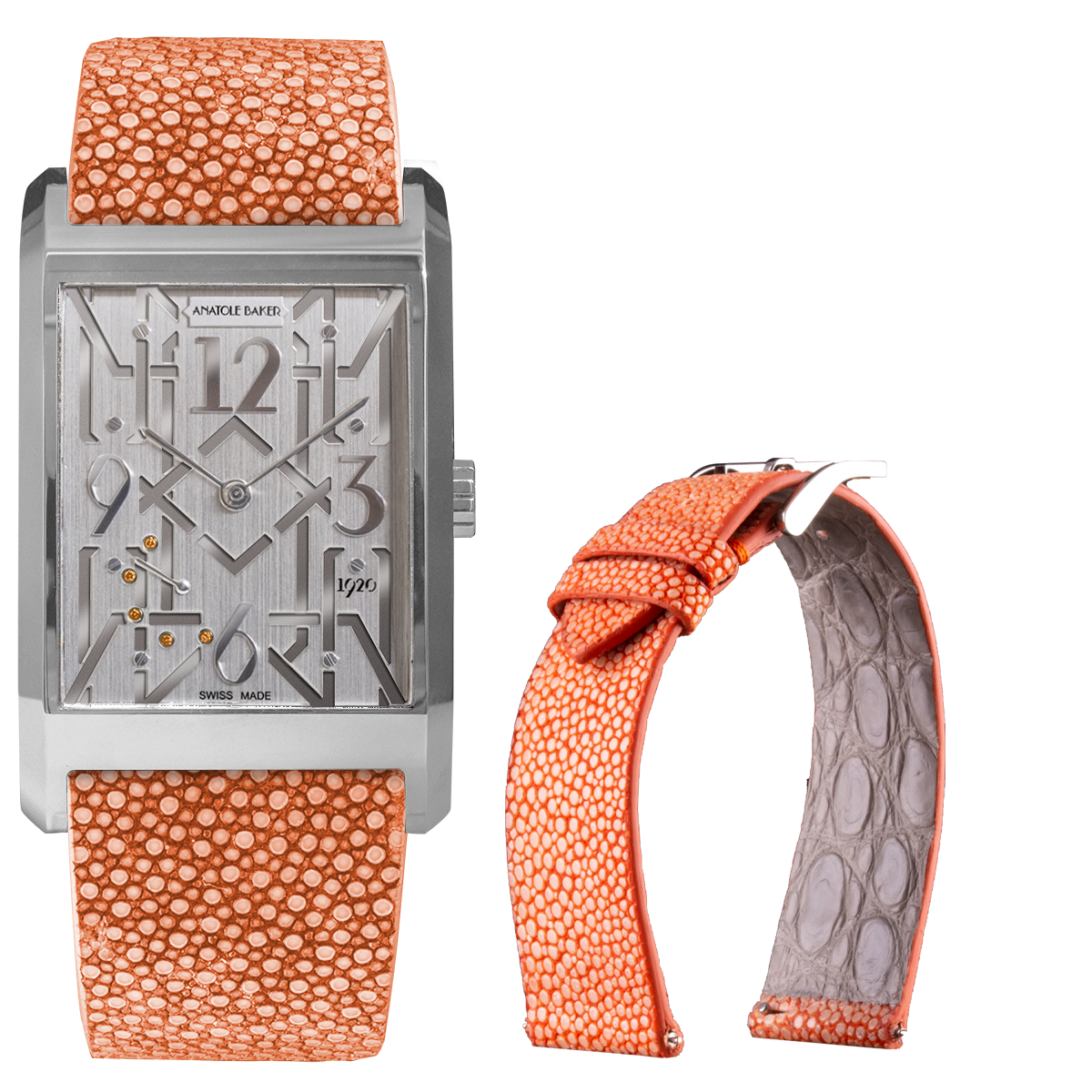 Bracelet montre cuir - Anatole Baker - Galuchat orange
