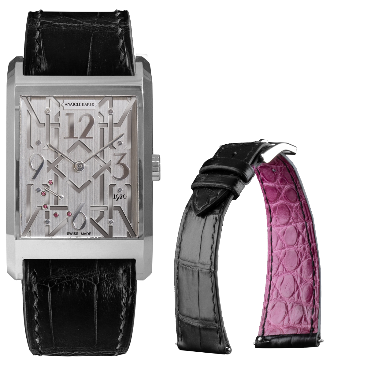 Leather watch band - Anatole Baker - Black alligator with Pink lining