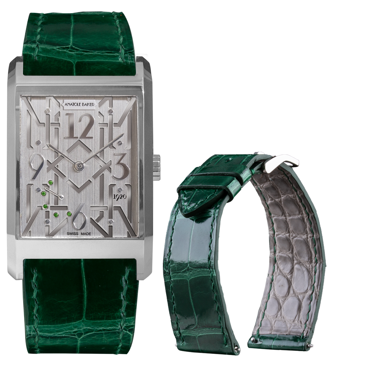 Bracelet montre cuir - Anatole Baker - Alligator brillant vert