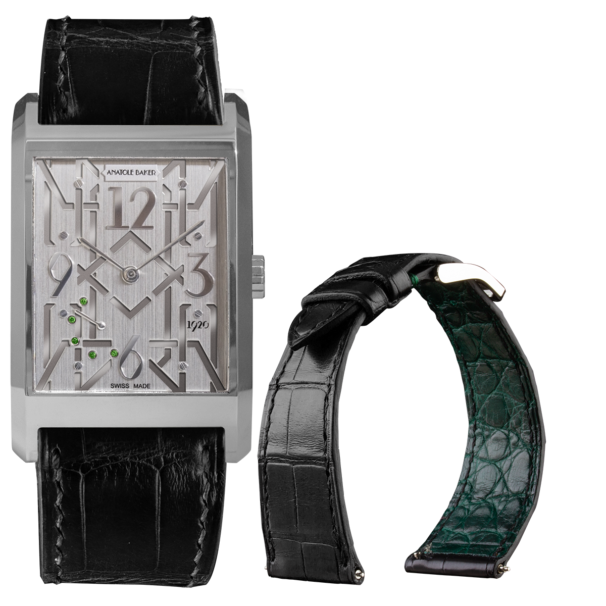 Bracelet montre cuir - Anatole Baker - Alligator noir doublure verte