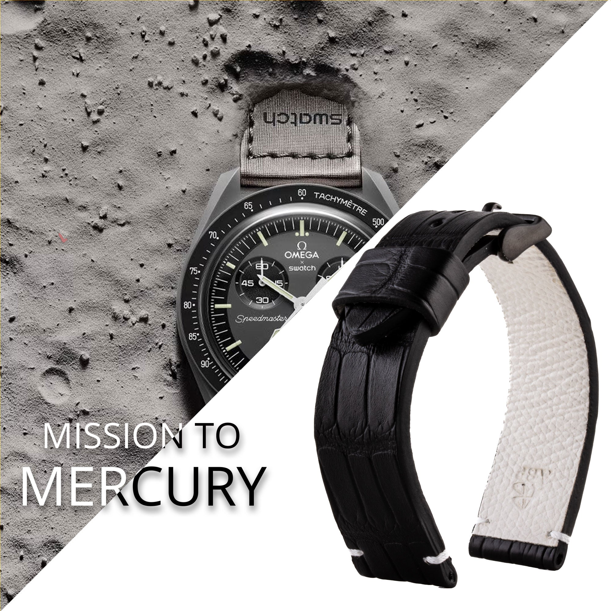 Tribute to MoonSwatch Omega X Swatch - Bracelet de montre cuir "Mission to..." - Alligator couture contrastée (noir, bleu, rouge...)