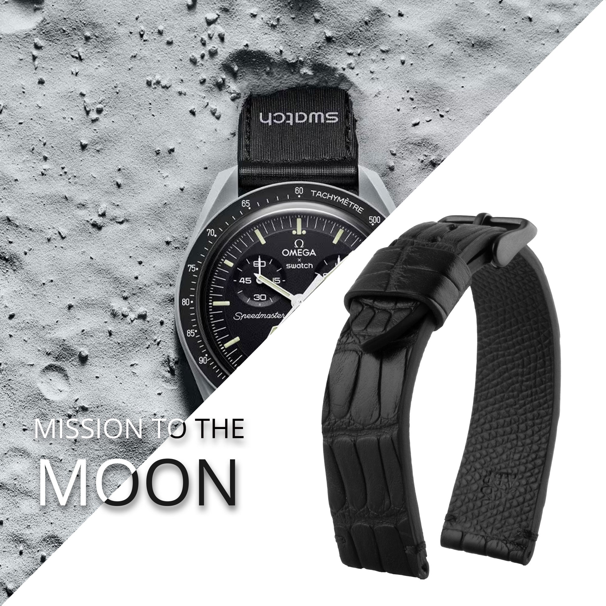 Tribute to MoonSwatch Omega X Swatch - Bracelet de montre cuir "Mission to..." - Alligator couture contrastée (noir, bleu, rouge...)