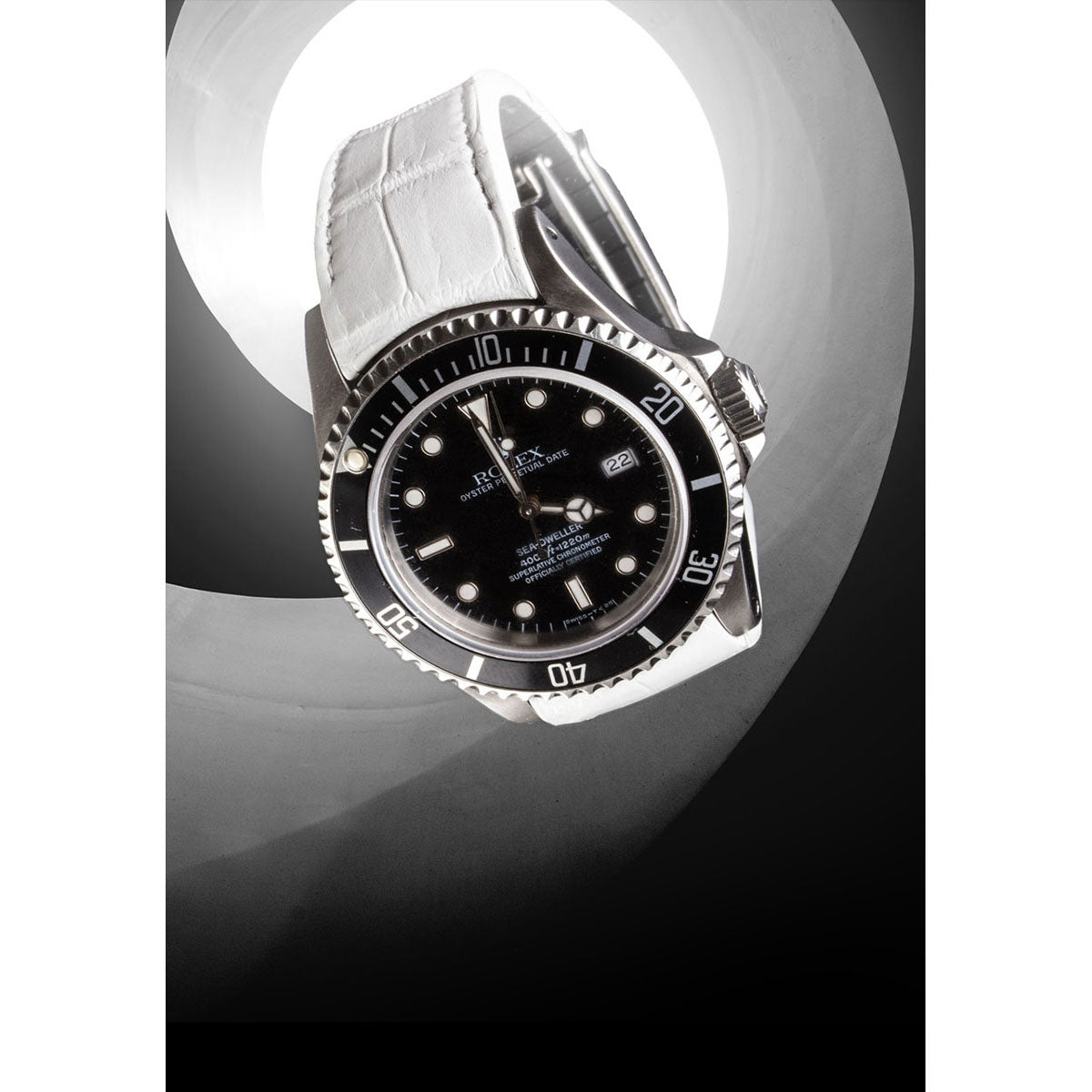 Rolex – Bracelet-montre cuir R Strap – Alligator couture blanche (noir, marron, bleu, blanc, kaki clair)