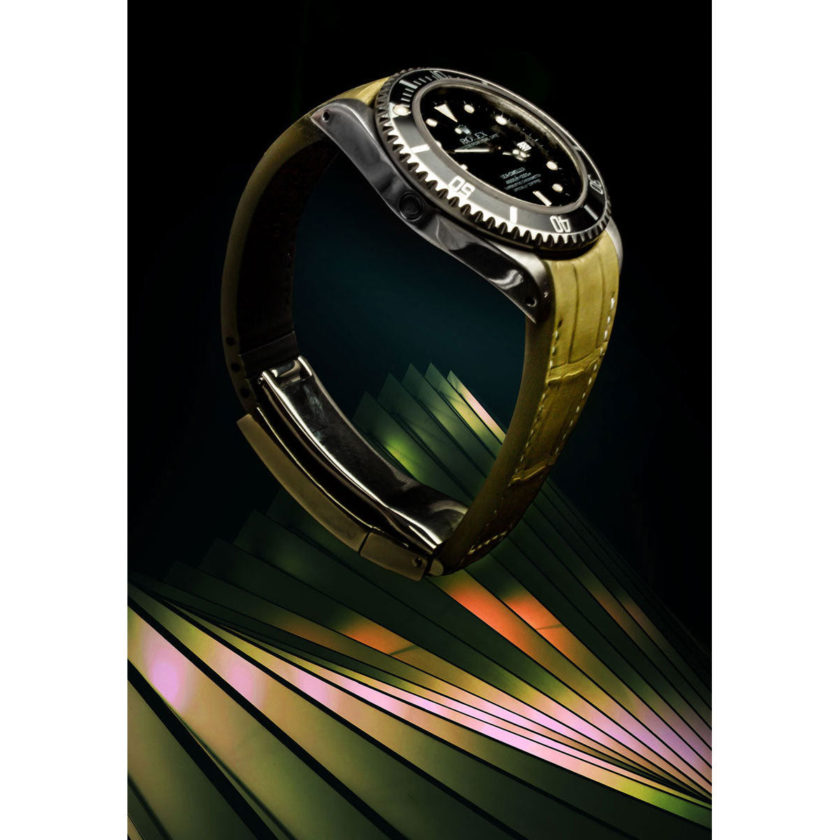 Rolex – Bracelet-montre cuir R Strap – Alligator couture blanche (noir, marron, bleu, blanc, kaki clair)