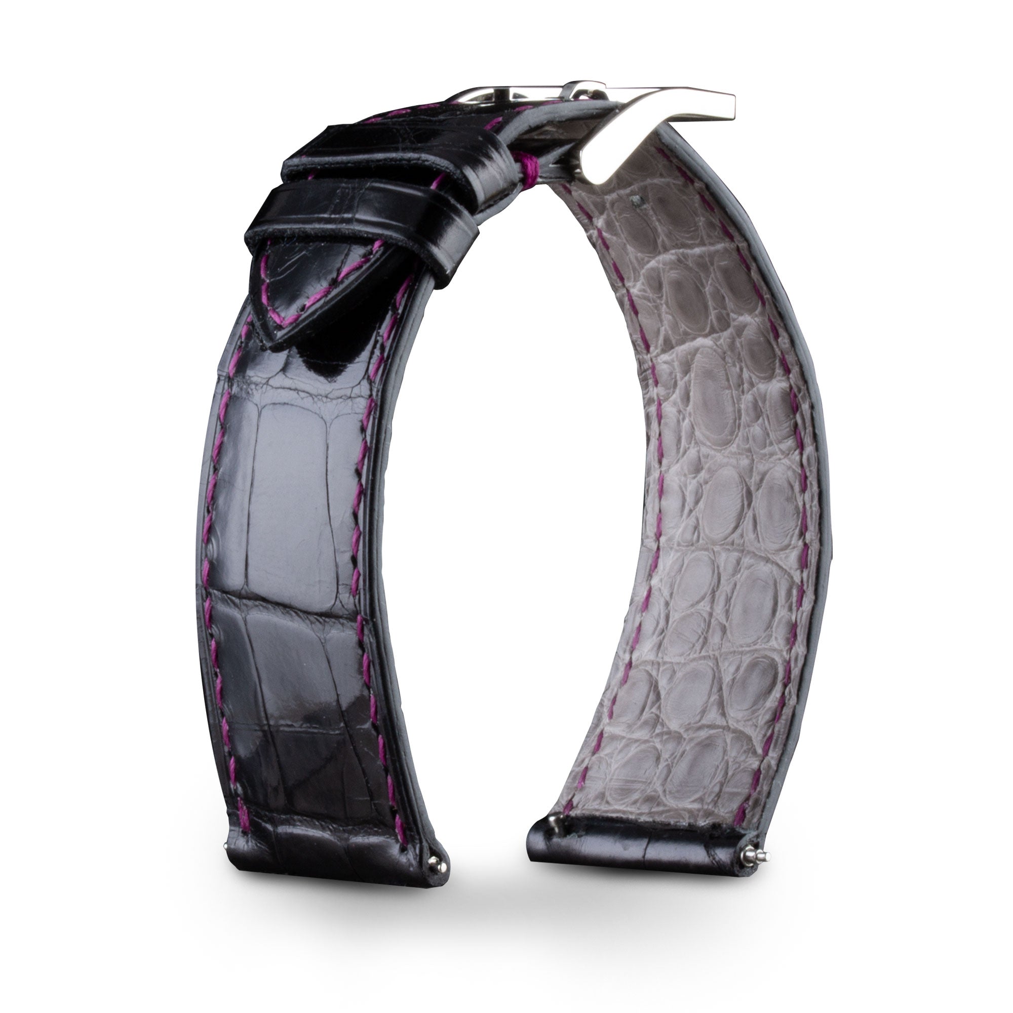 Bracelet montre cuir - Anatole Baker - Alligator brillant noir couture rose