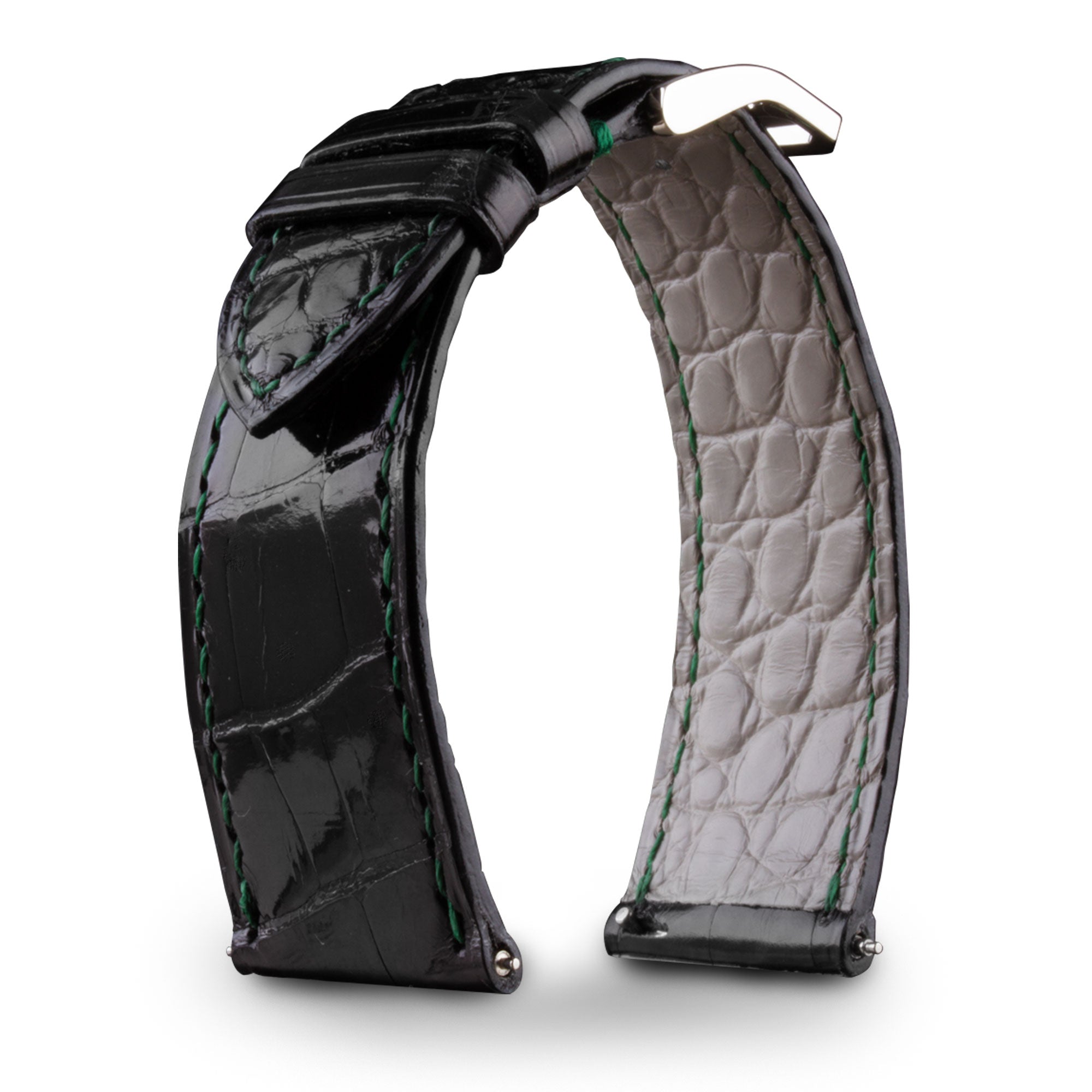 Bracelet montre cuir - Anatole Baker - Alligator brillant noir couture verte