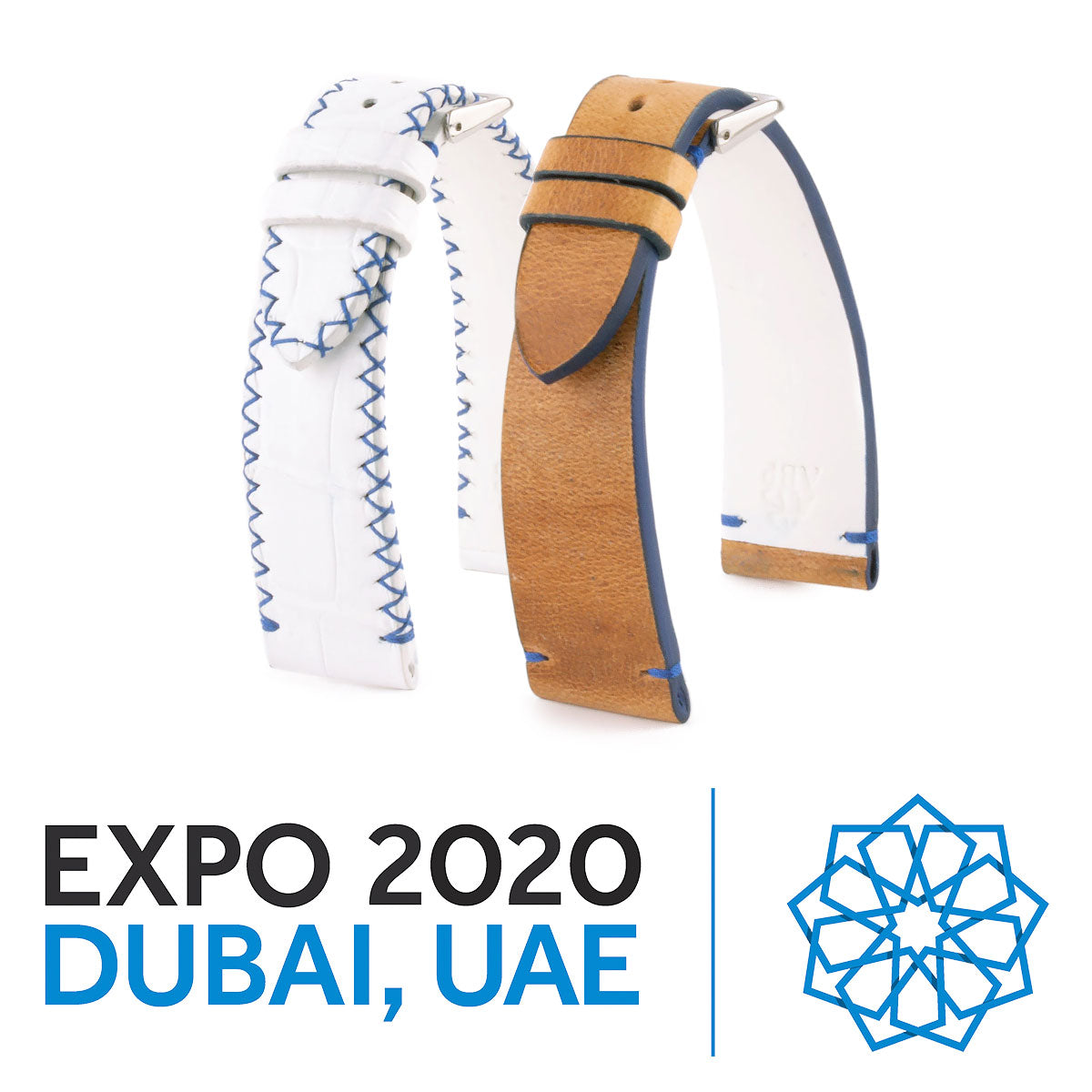 Hommage à l'Expo 2020 Dubai - Bracelet de montre cuir - Alligator et chameau (blanc / marron / bleu)
