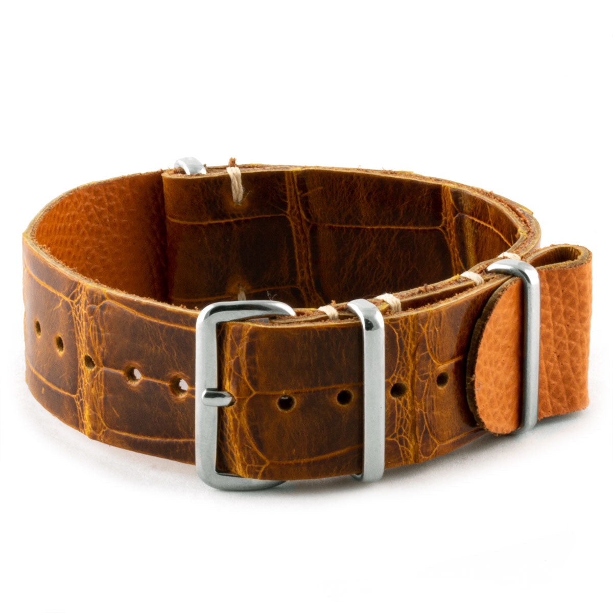 Bracelet-montre nato cuir - Alligator tannage spécial marron Highland - watch band leather strap - ABP Concept -