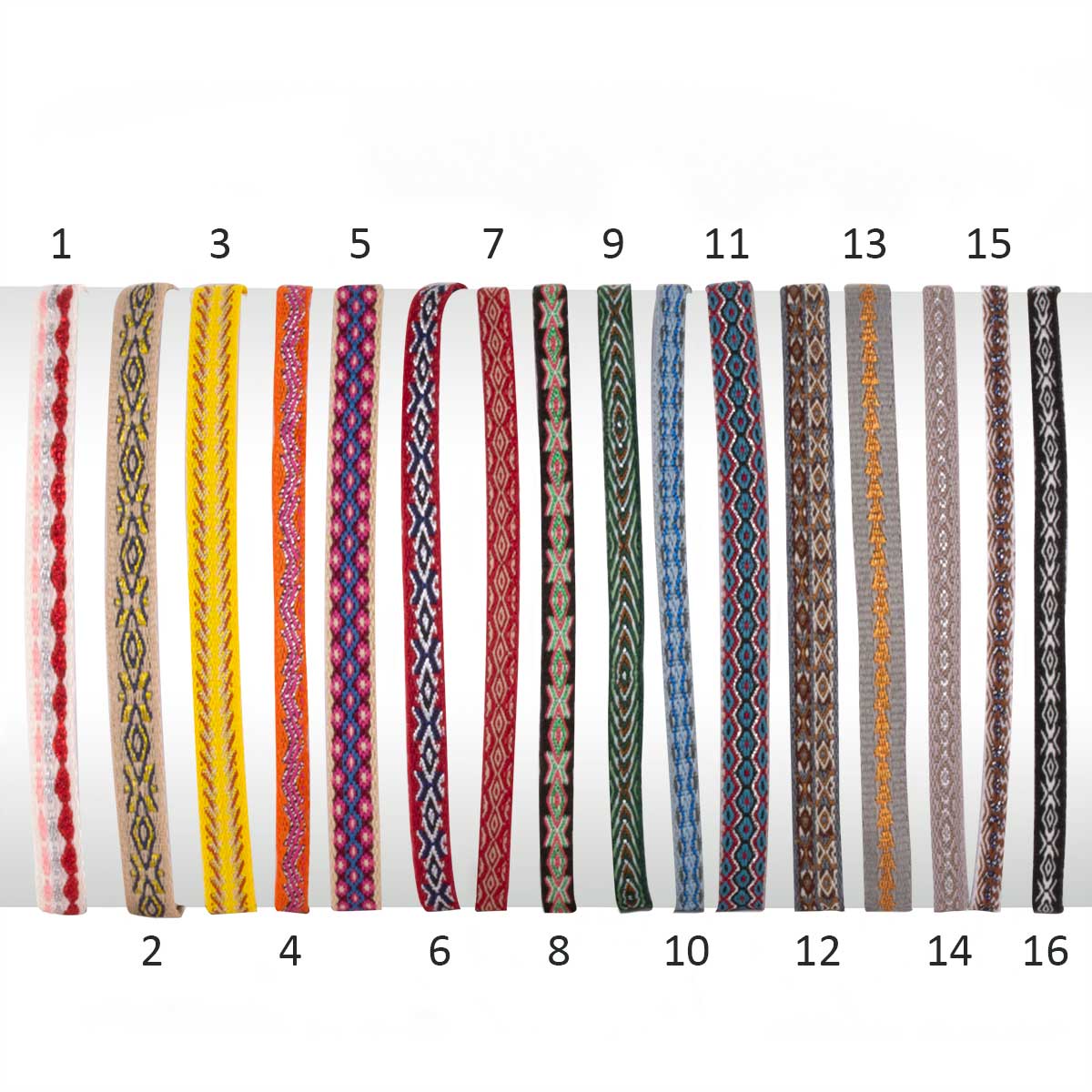 Bracelets ruban tissé à motifs (noir, bleu, vert, rouge...)