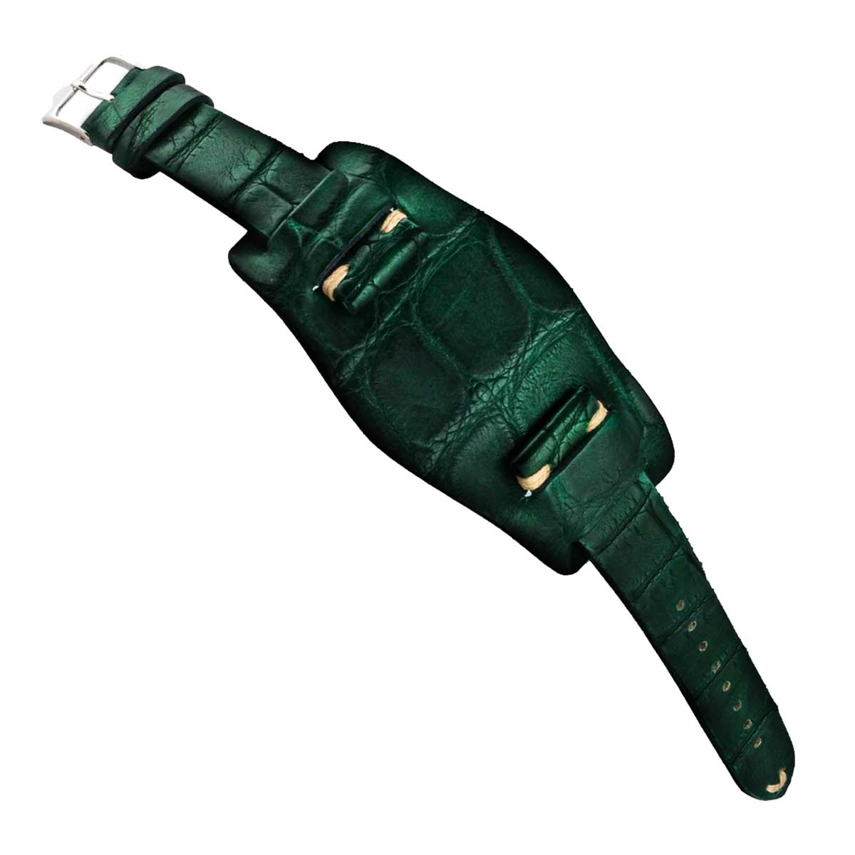 Bracelet bund vintage - Bracelet-montre cuir - Alligator vert foncé