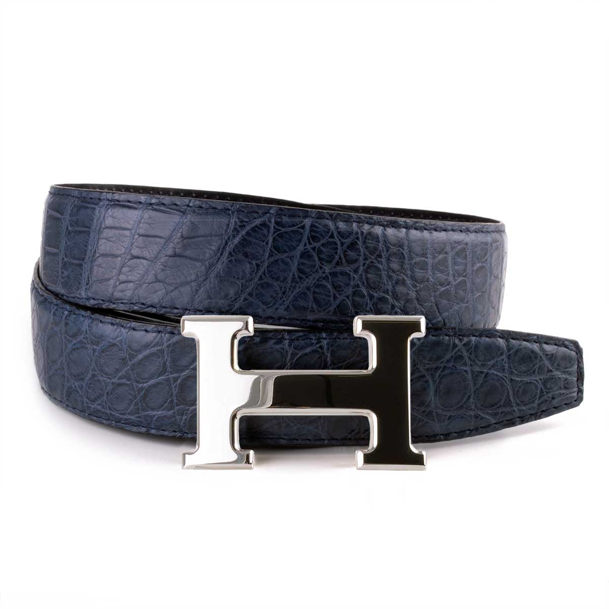 Classic leather belt with polished steel "H" buckle - Alligator (black, navy blue, blue)