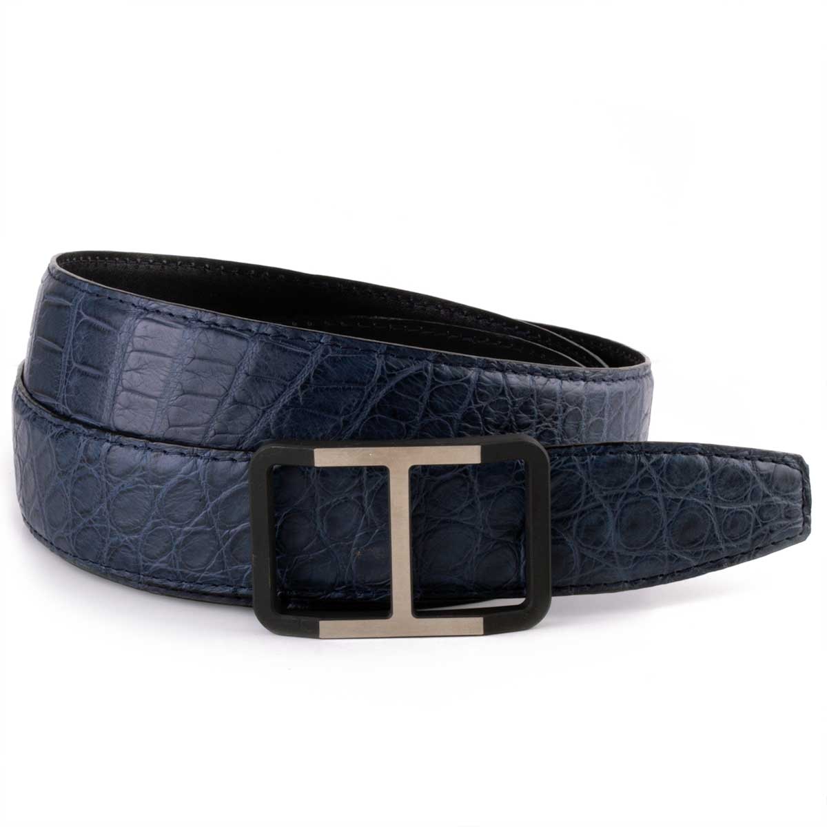 Classic leather belt with black and steel finish "H" buckle - Alligator (black, navy blue, blue)