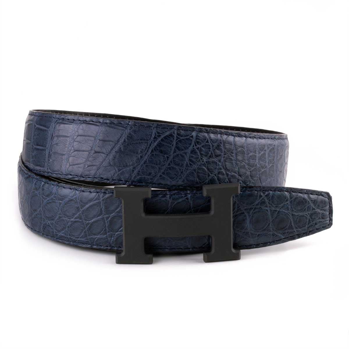Classic leather belt with matt black "H" buckle - Alligator (black, navy blue, blue)