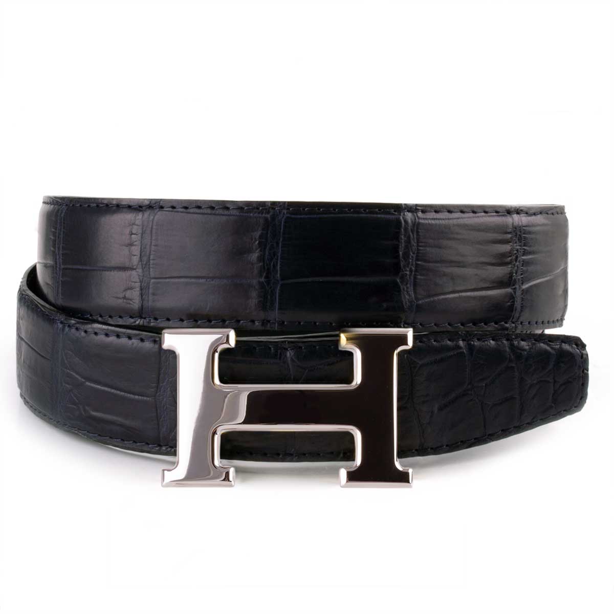 Classic leather belt with polished steel "H" buckle - Alligator (black, navy blue, blue)