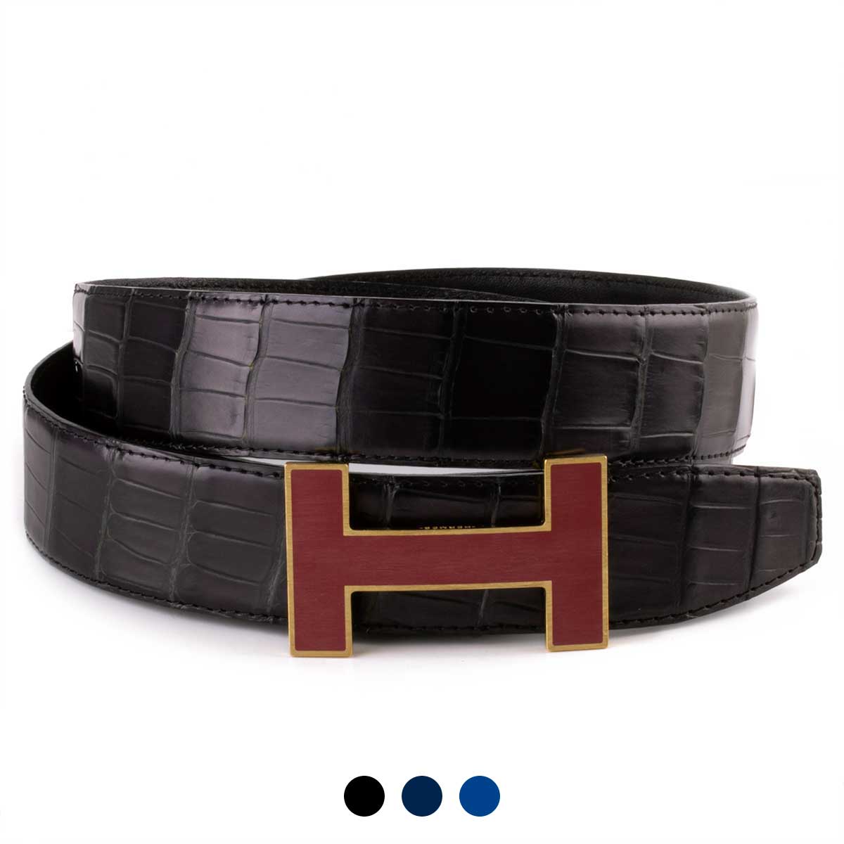 Classic leather belt with golden burgundy "H" buckle - Alligator (black, navy blue, blue)