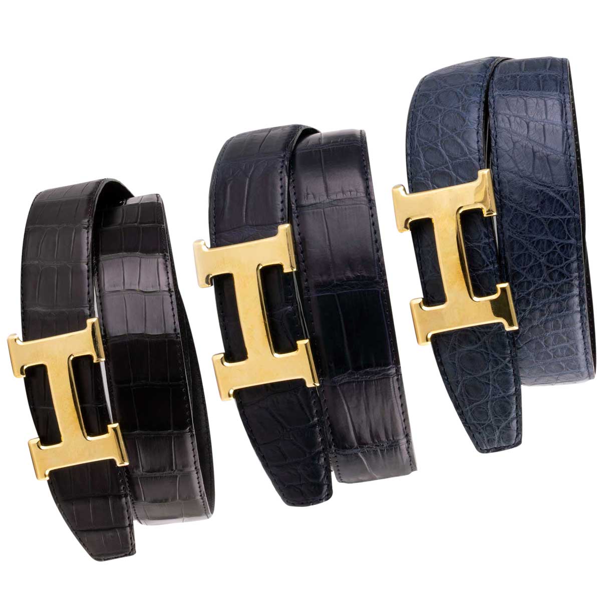 Classic leather belt with polished golden "H" buckle - Alligator (black, navy blue, blue)